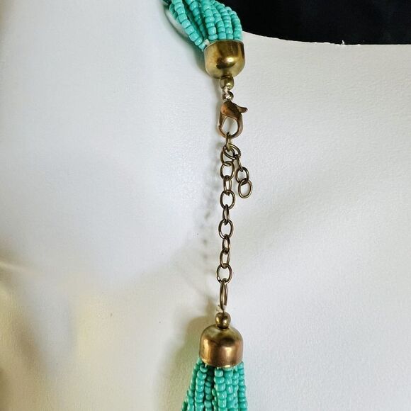 Stunning Waterfall Turqoise Green Gold Multi Strand Seed Bead Statement Necklace - Picture 7 of 15